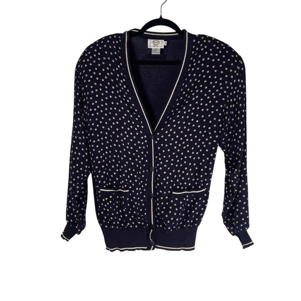 Evan Picone Women's Vintage 80s Navy  White Preppy Twee Button Up Cardigan Small